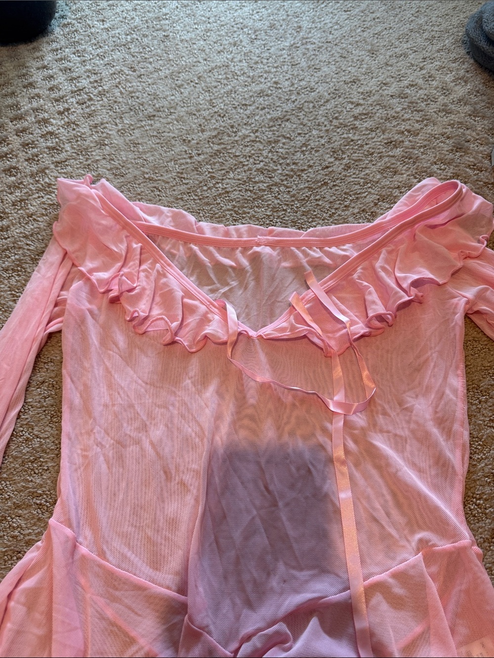Pink Sheer Ruffled Off-Shoulder Bodysuit - Picture 4 of 7